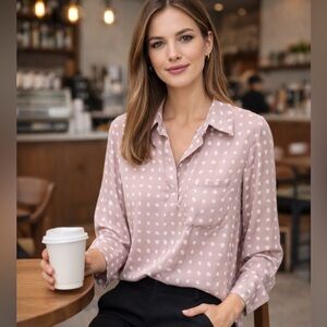 Pleione Blush Polka Dot Popover Blouse XS EUC Nordstrom High Low Hem